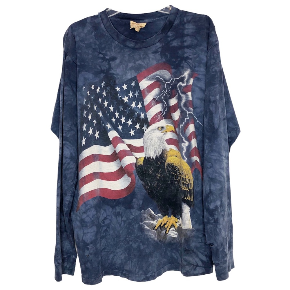 Vintage THE MOUNTAIN Bald Eagle American Flag Tee Long Sleeve Shirt Blue Large